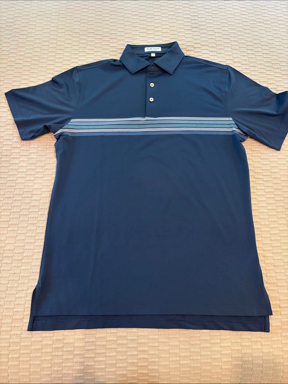 Peter Millar Navy Polo with Light Blue and Gray Chest Stripes - Summer Comfort M